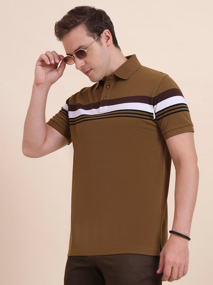 Khaki & White Striped Slim Fit Polo T-Shirt | JadeBlue
