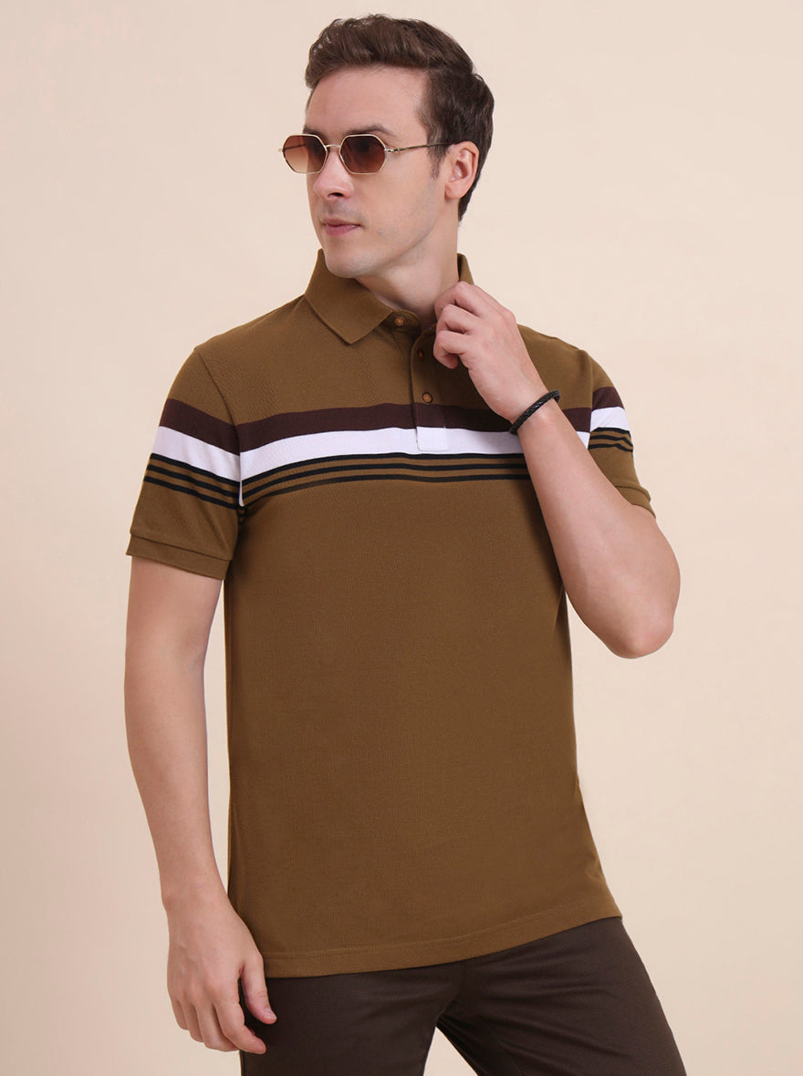 Khaki & White Striped Slim Fit Polo T-Shirt | JadeBlue