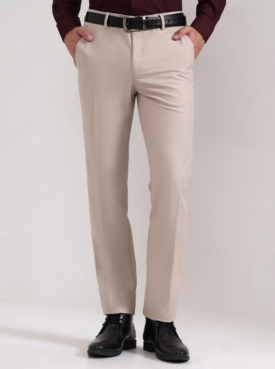 Cream Solid Slim Fit Formal Trouser | Metal