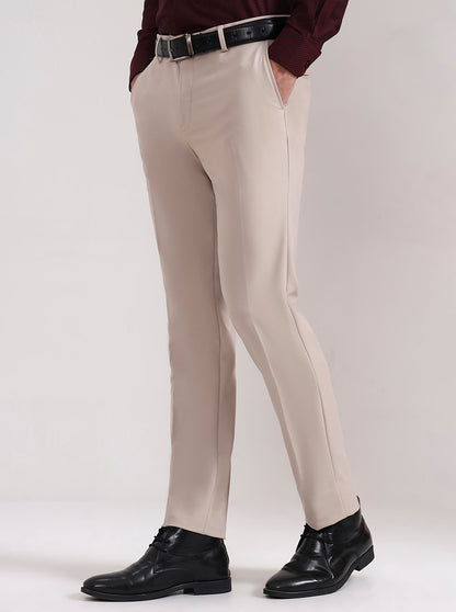 Cream Solid Slim Fit Formal Trouser | Metal