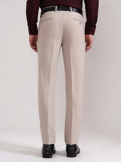 Cream Solid Slim Fit Formal Trouser | Metal