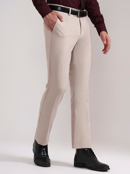 Cream Solid Slim Fit Formal Trouser | Metal