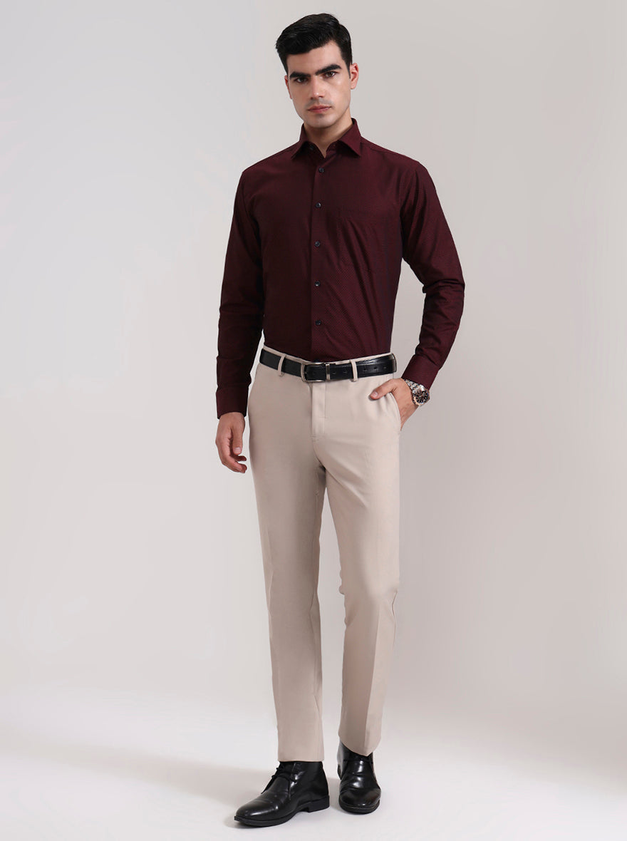 Cream Solid Slim Fit Formal Trouser | Metal