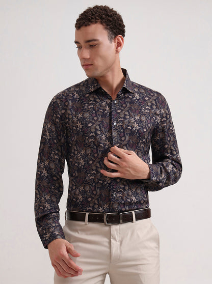 Blue & Brown Printed Slim Fit Formal Shirt | JadeBlue Super Luxe