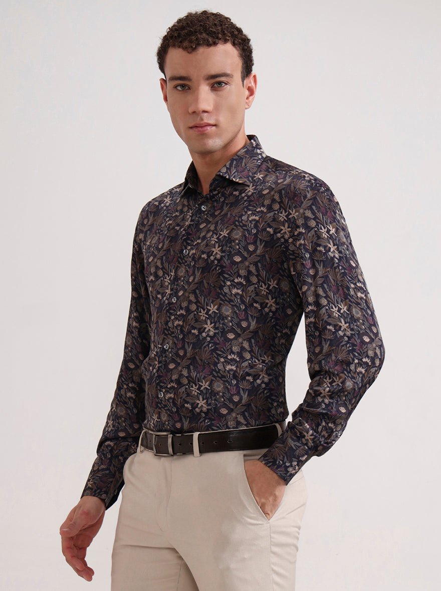 Blue & Brown Printed Slim Fit Formal Shirt | JadeBlue Super Luxe