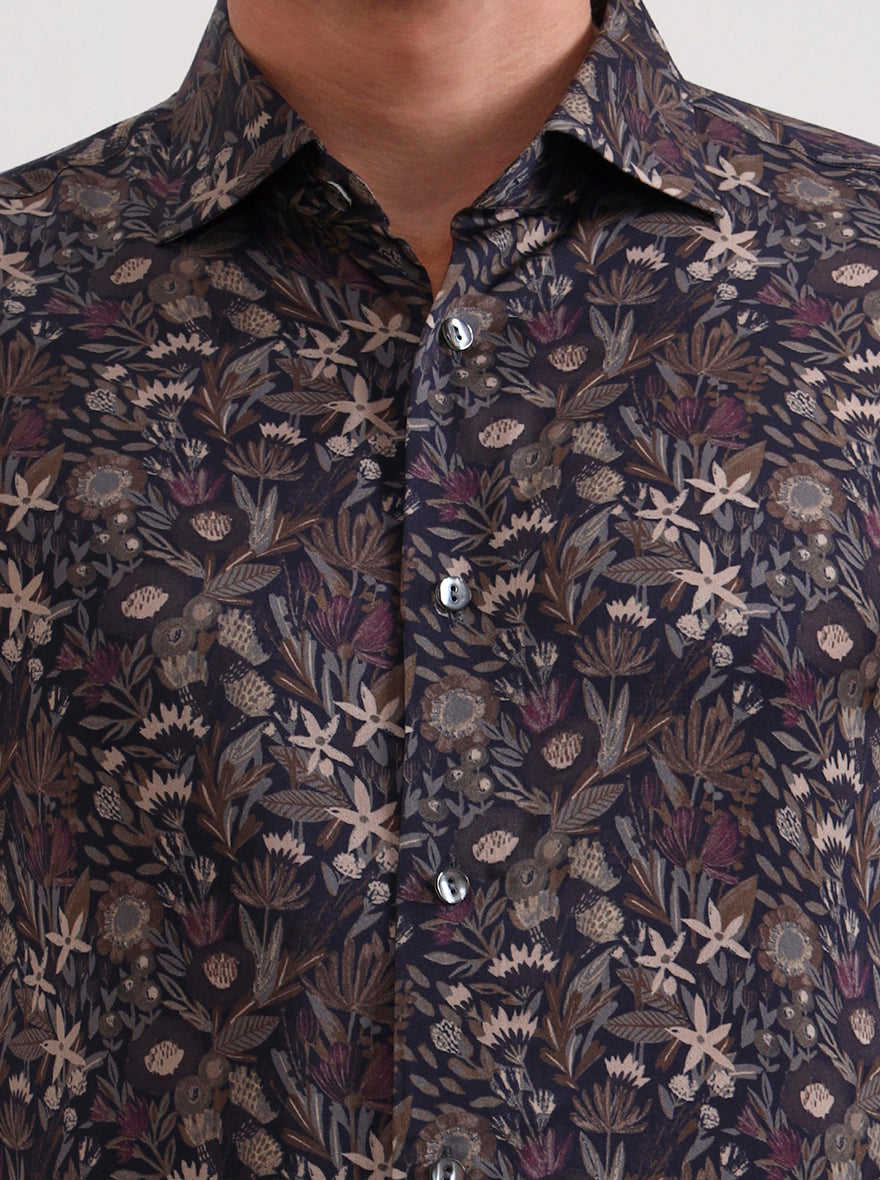 Blue & Brown Printed Slim Fit Formal Shirt | JadeBlue Super Luxe
