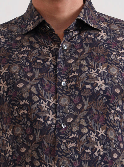Blue & Brown Printed Slim Fit Formal Shirt | JadeBlue Super Luxe