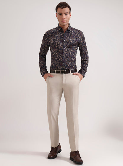 Blue & Brown Printed Slim Fit Formal Shirt | JadeBlue Super Luxe
