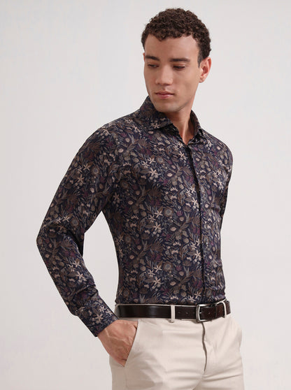 Blue & Brown Printed Slim Fit Formal Shirt | JadeBlue Super Luxe