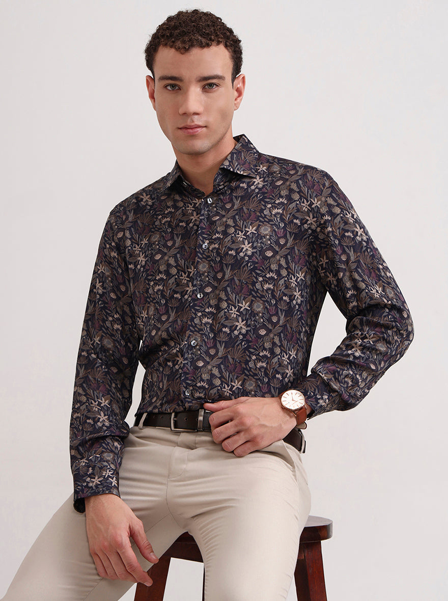 Blue & Brown Printed Slim Fit Formal Shirt | JadeBlue Super Luxe