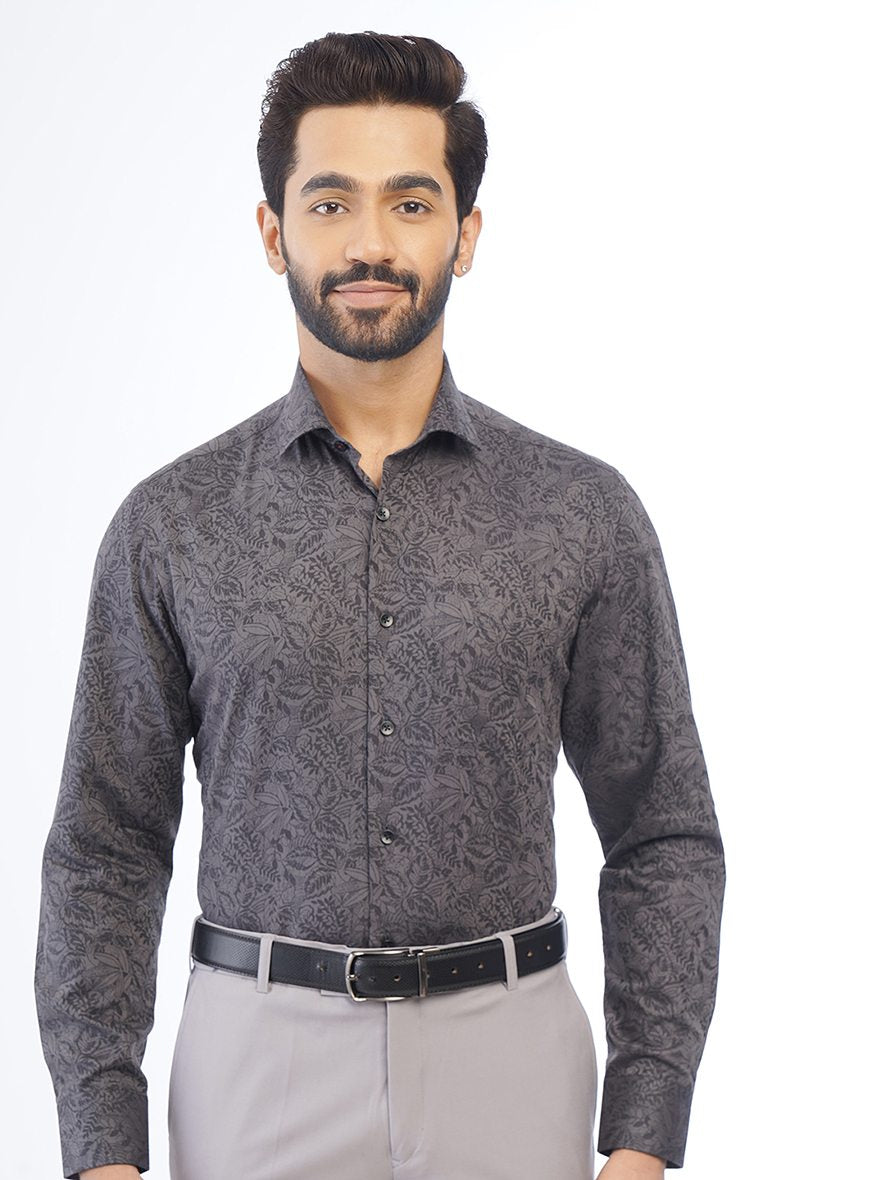 Dark Grey Printed Slim Fit Formal Shirt | Metal