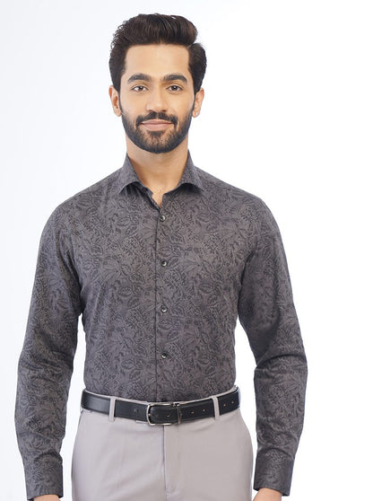Dark Grey Printed Slim Fit Formal Shirt | Metal