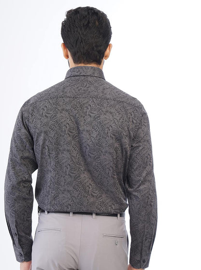 Dark Grey Printed Slim Fit Formal Shirt | Metal