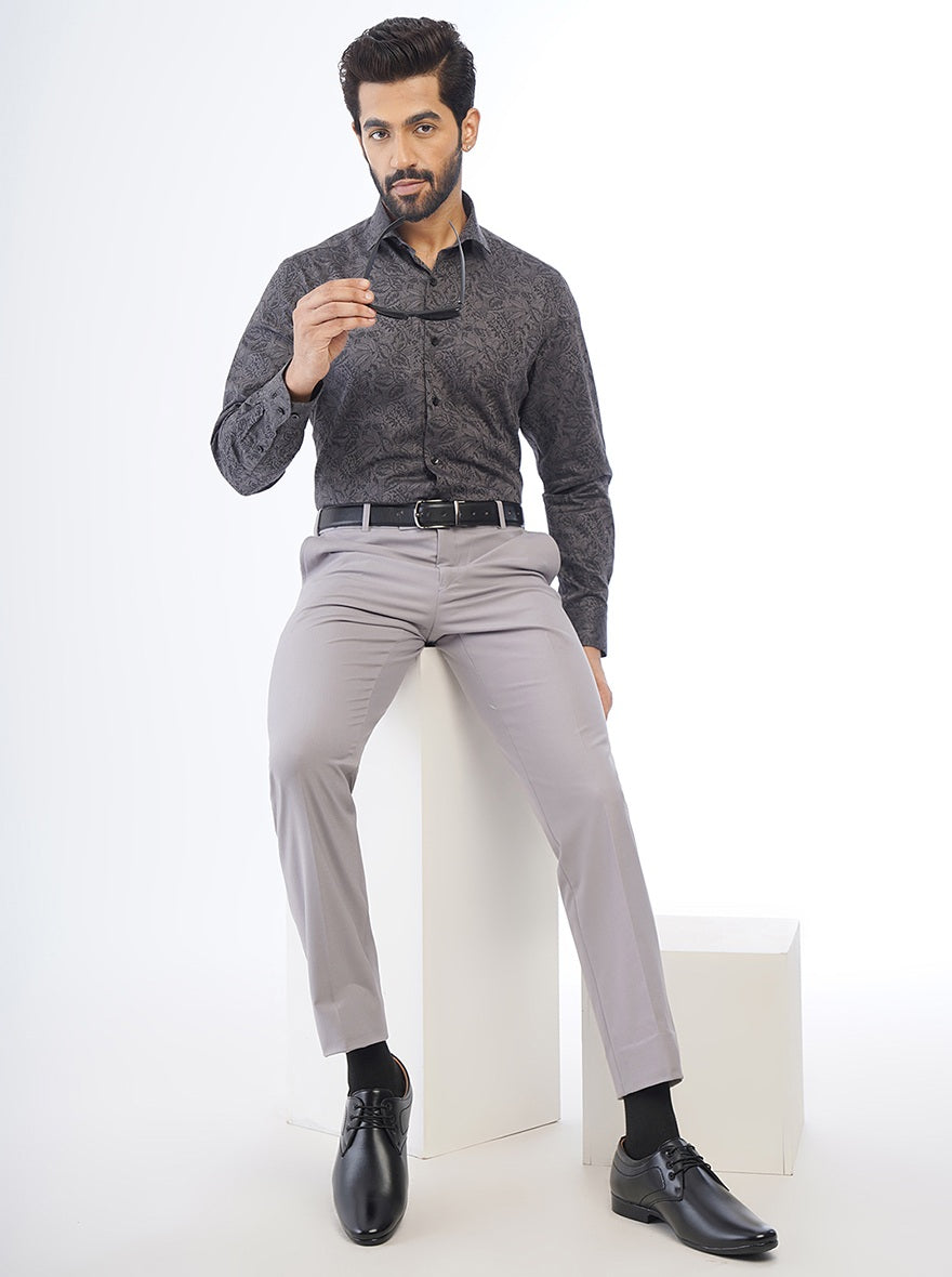 Dark Grey Printed Slim Fit Formal Shirt | Metal