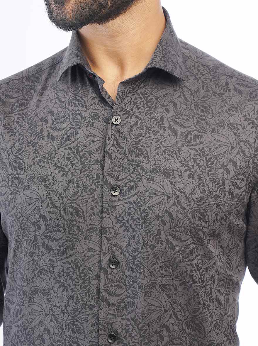 Dark Grey Printed Slim Fit Formal Shirt | Metal