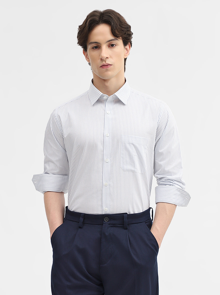 White & Blue Striped Regular Fit Formal Shirt | JadeBlue