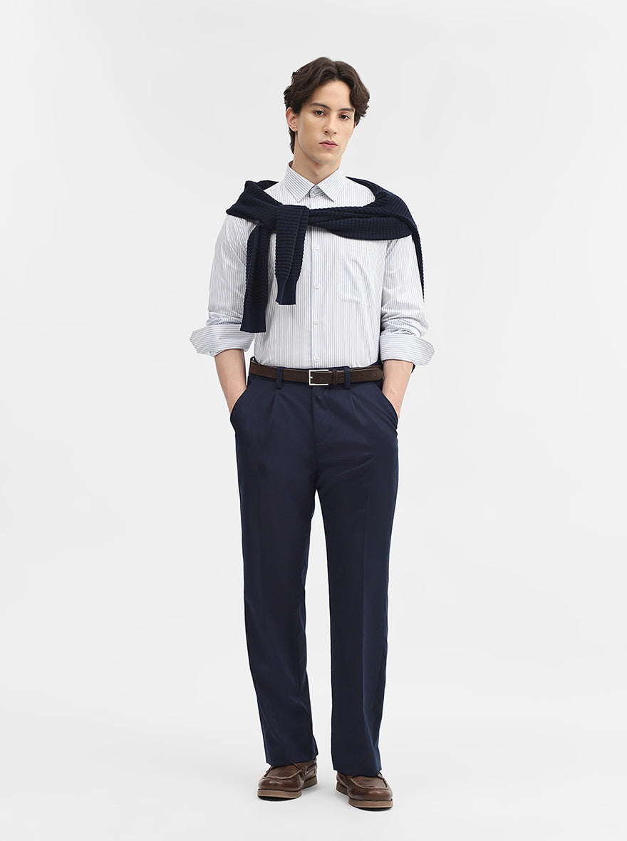 White & Blue Striped Regular Fit Formal Shirt | JadeBlue