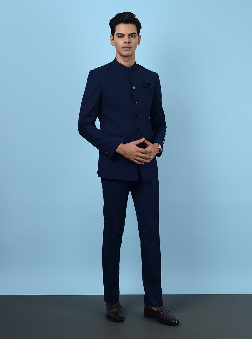 JadeBlue Regular Fit Blue Terry Rayon Jodhpuri Suit for Men