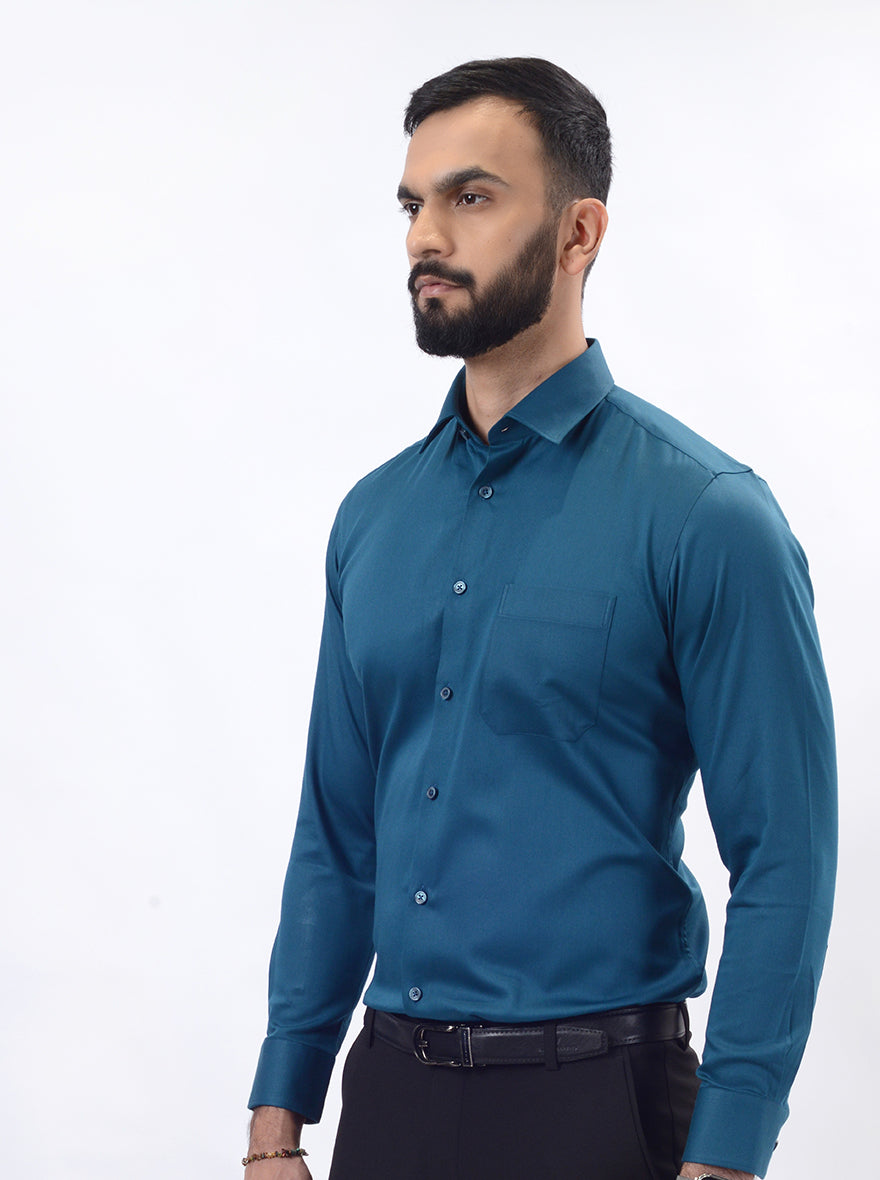Teal Blue Solid Slim Fit Formal Shirt | JadeBlue