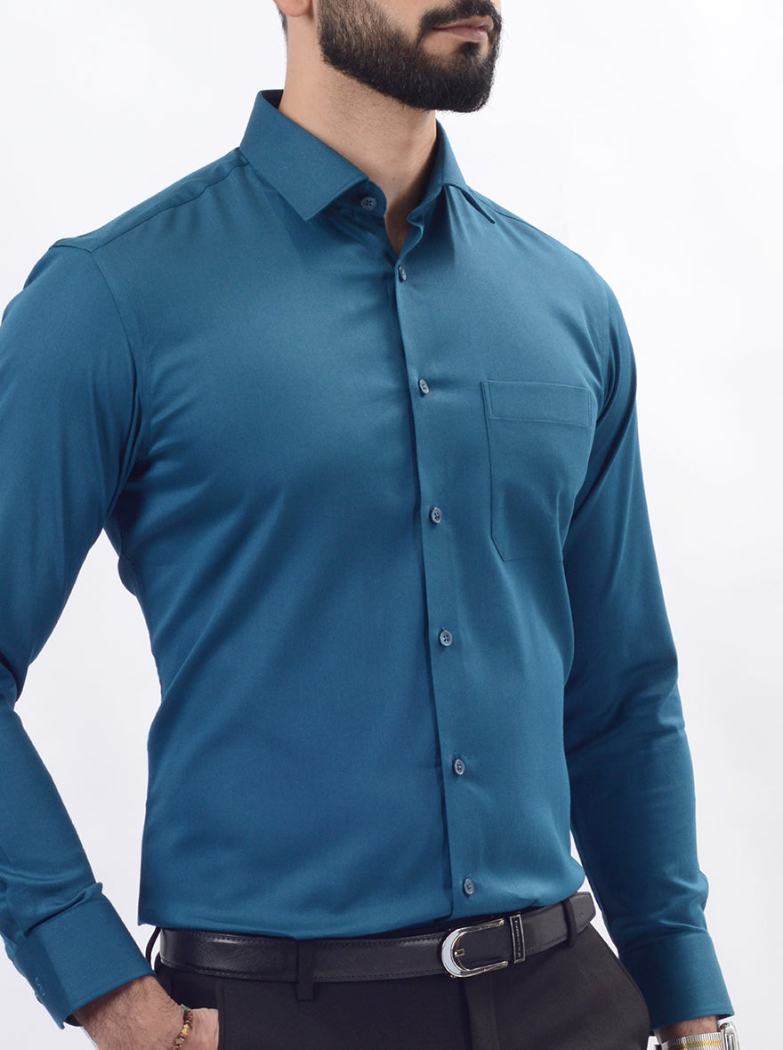 Teal Blue Solid Slim Fit Formal Shirt | JadeBlue