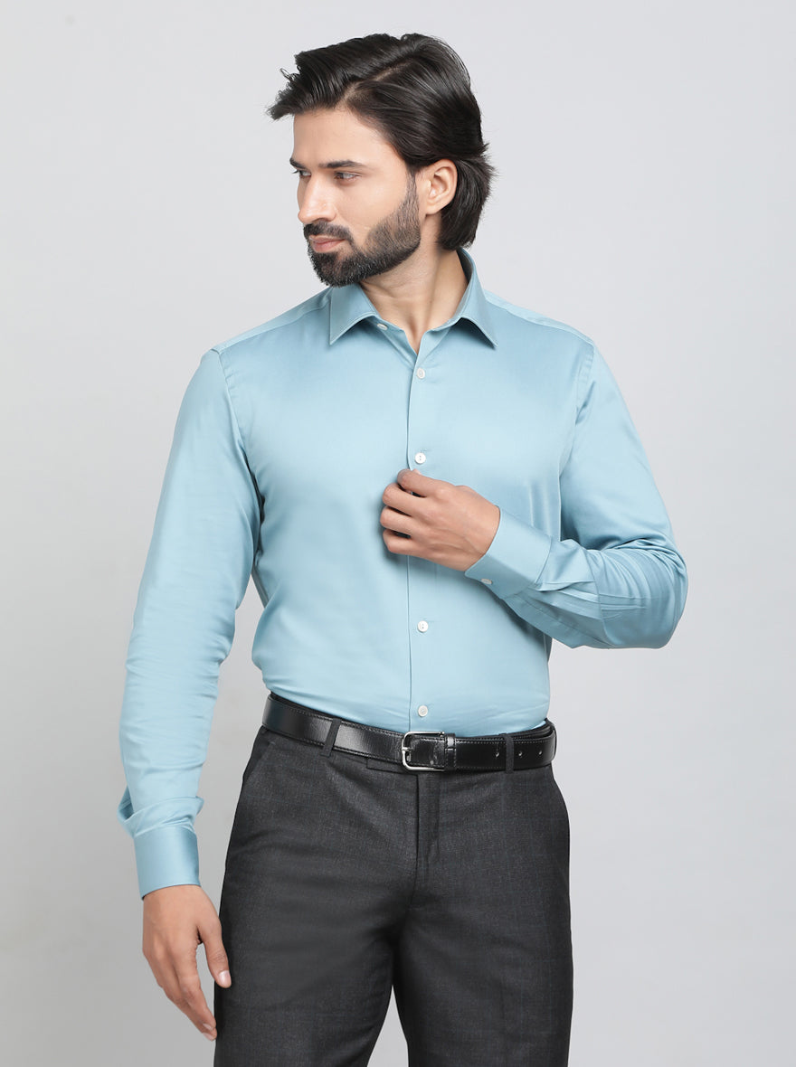 Aqua Blue Solid Slim Fit Party Wear Shirt | Wyre