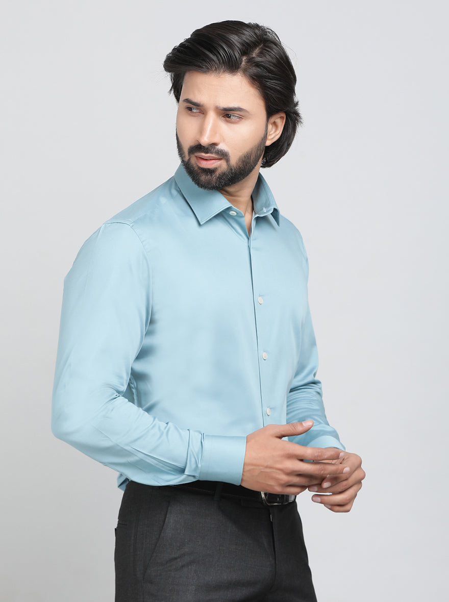 Aqua Blue Solid Slim Fit Party Wear Shirt | Wyre