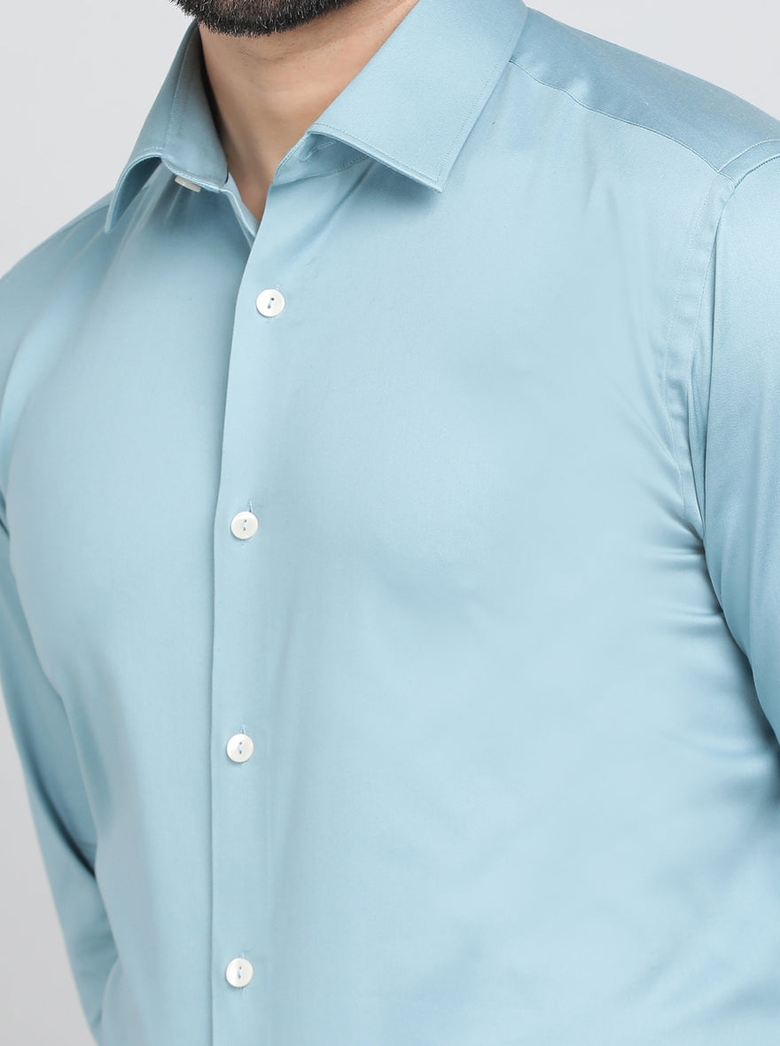 Aqua Blue Solid Slim Fit Party Wear Shirt | Wyre