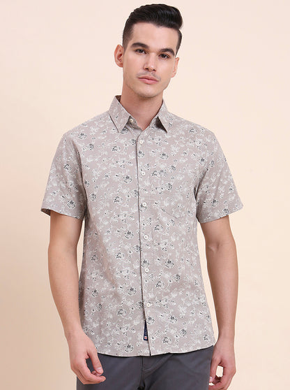 Grey Printed Slim Fit Casual Shirt | Greenfibre