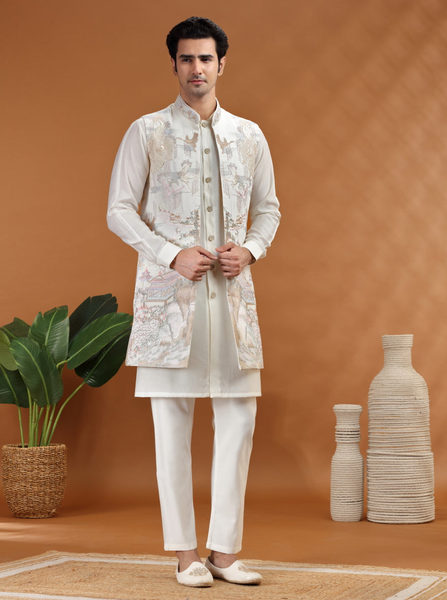 Cream Embroidered Kurta Pajama with Koti | TULA