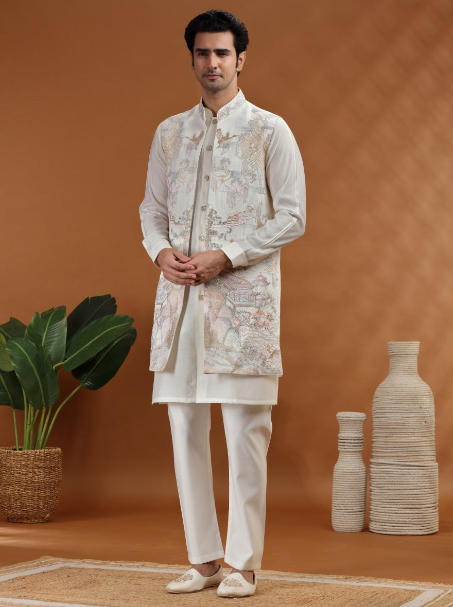 Cream Embroidered Kurta Pajama with Koti | TULA