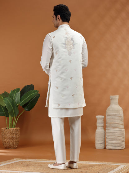 Cream Embroidered Kurta Pajama with Koti | TULA