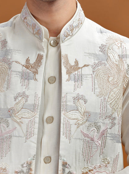 Cream Embroidered Kurta Pajama with Koti | TULA