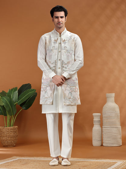 Cream Embroidered Kurta Pajama with Koti | TULA