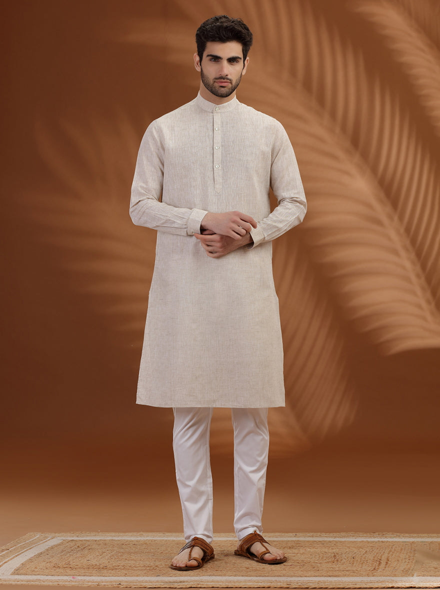 Beige Solid Modi Kurta | JadeBlue
