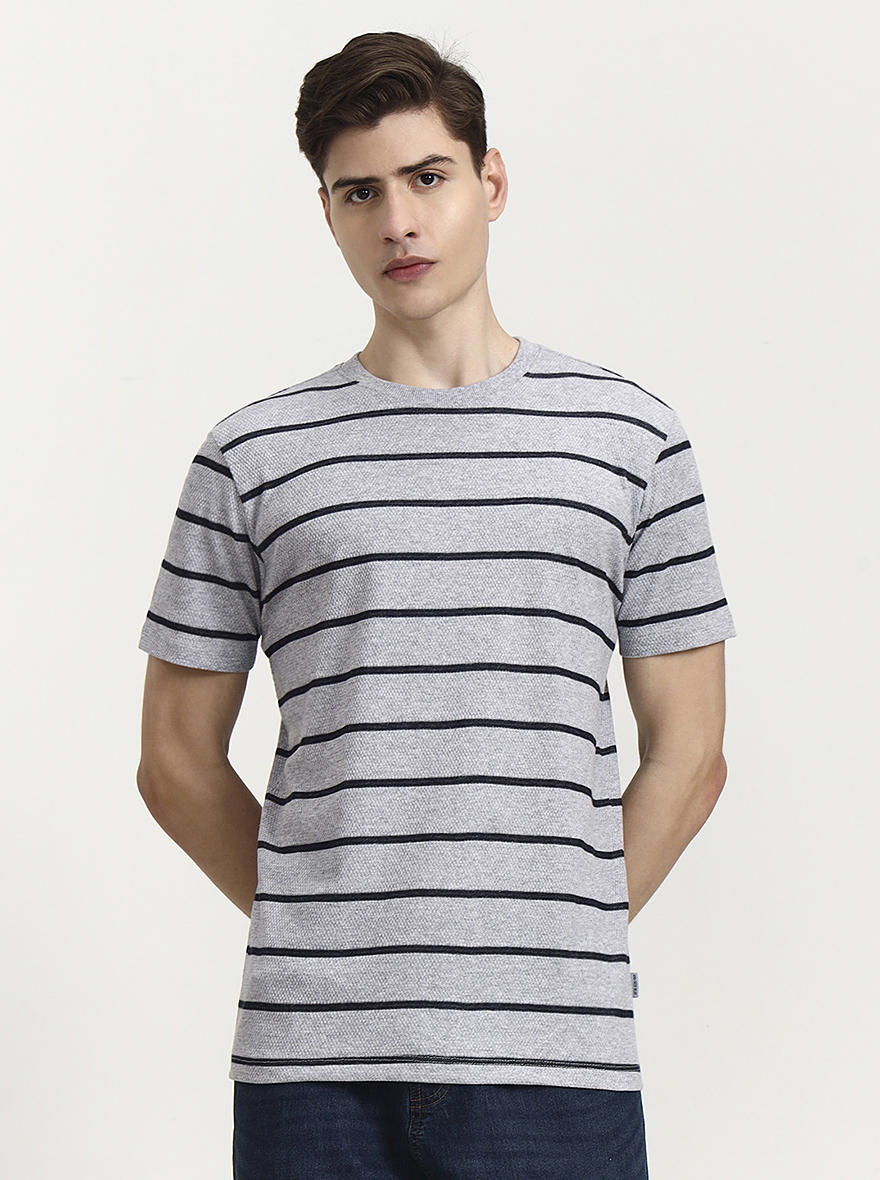 Grey & Navy Striped Slim Fit T-Shirt | JadeBlue