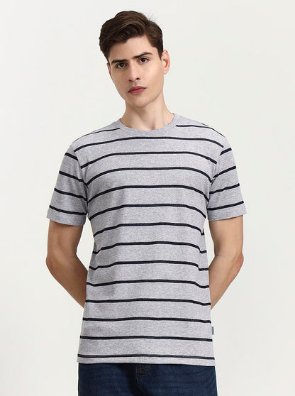 Grey & Navy Striped Slim Fit T-Shirt | JadeBlue
