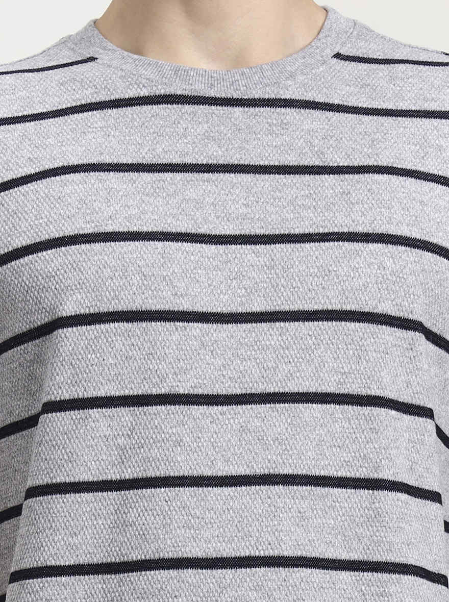 Grey & Navy Striped Slim Fit T-Shirt | JadeBlue