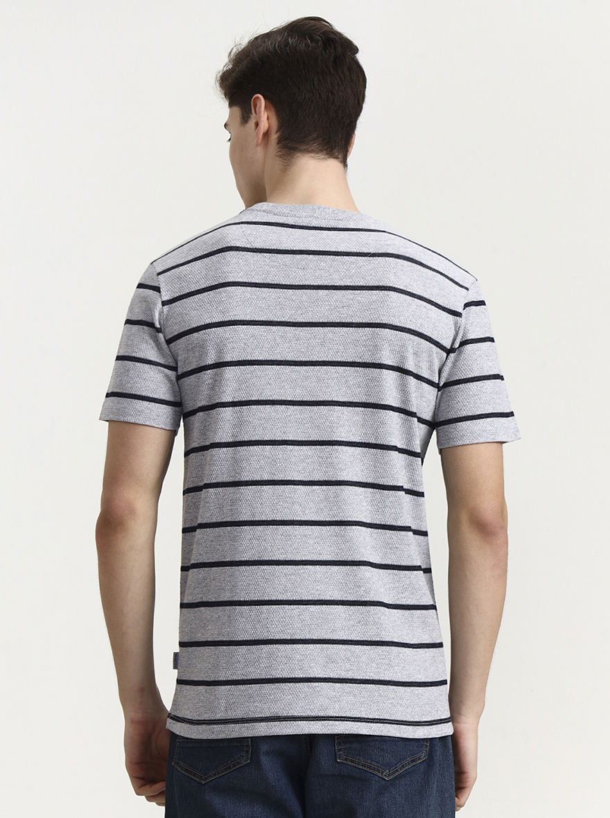 Grey & Navy Striped Slim Fit T-Shirt | JadeBlue