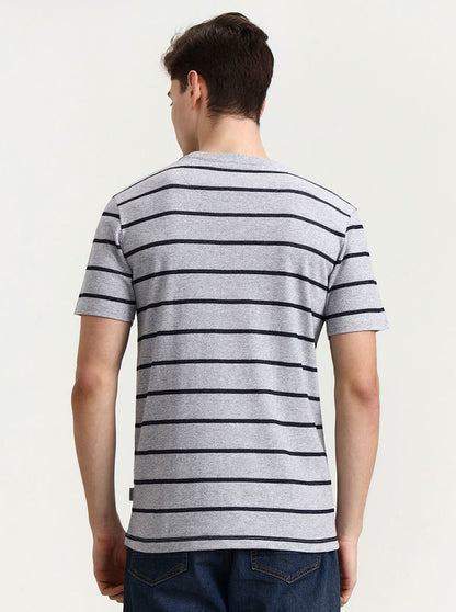 Grey & Navy Striped Slim Fit T-Shirt | JadeBlue