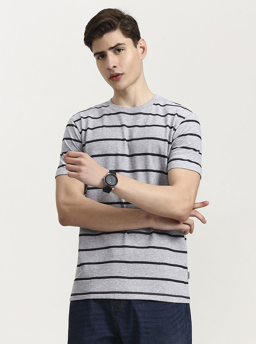 Grey & Navy Striped Slim Fit T-Shirt | JadeBlue