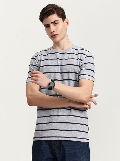Grey & Navy Striped Slim Fit T-Shirt | JadeBlue