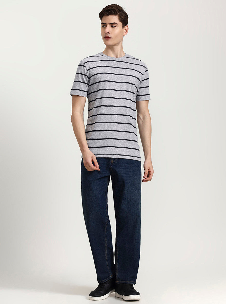 Grey & Navy Striped Slim Fit T-Shirt | JadeBlue