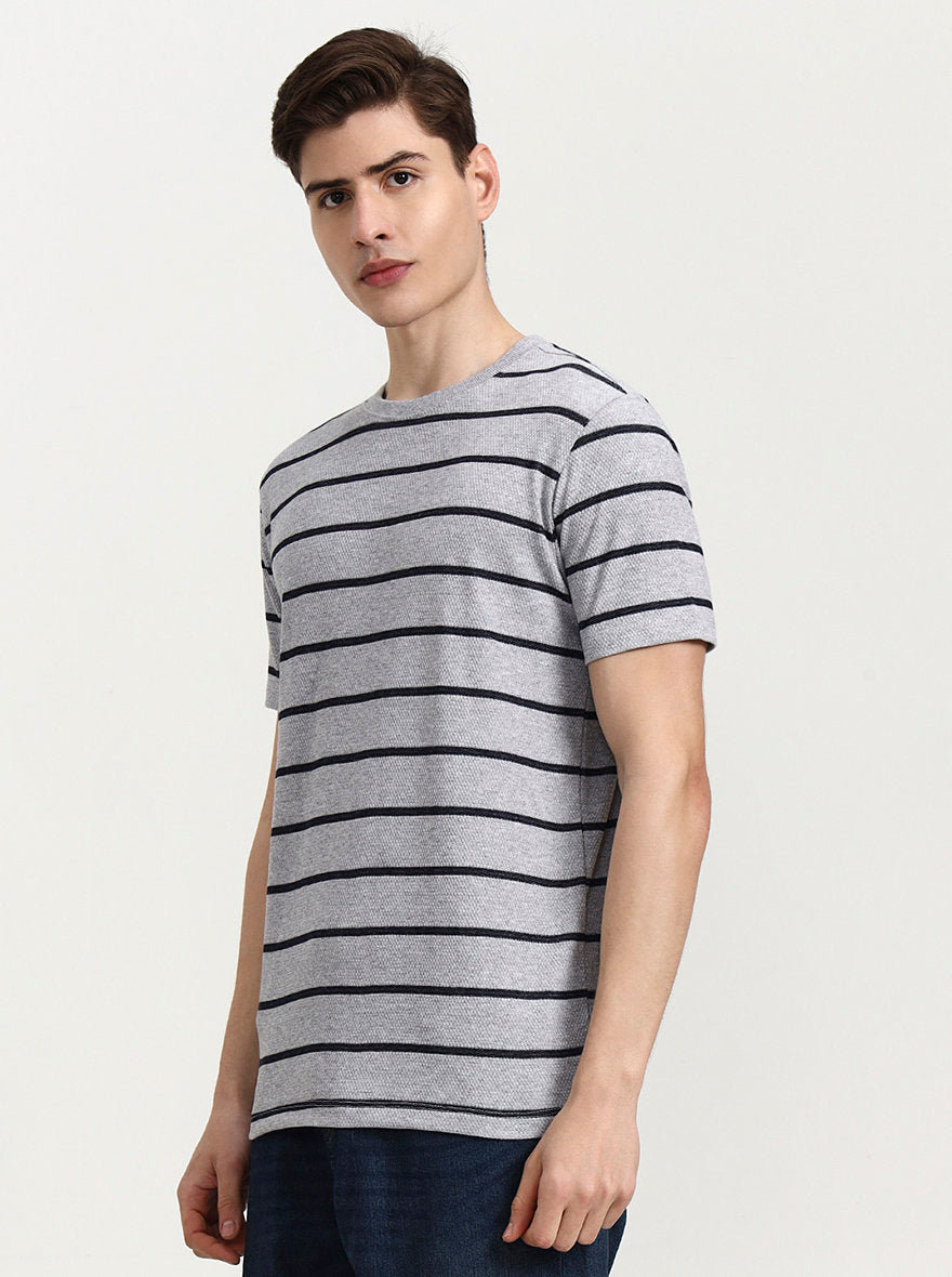 Grey & Navy Striped Slim Fit T-Shirt | JadeBlue