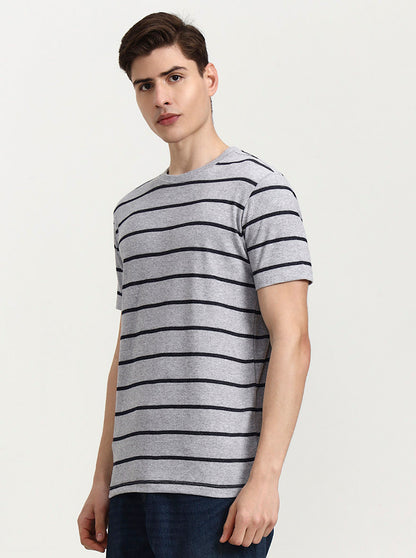 Grey & Navy Striped Slim Fit T-Shirt | JadeBlue