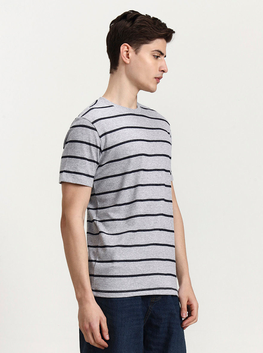 Grey & Navy Striped Slim Fit T-Shirt | JadeBlue