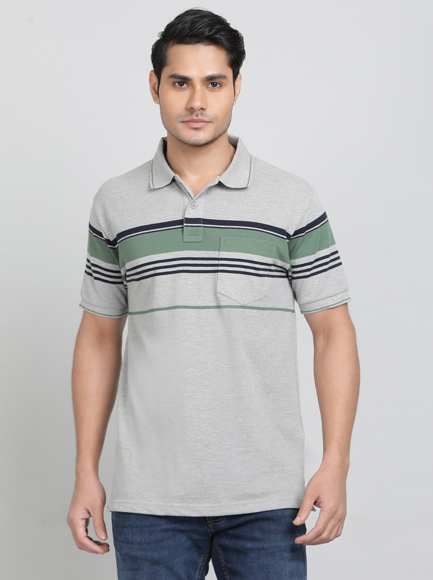Grey Striped Regular Fit Polo T-Shirt | Greenfibre