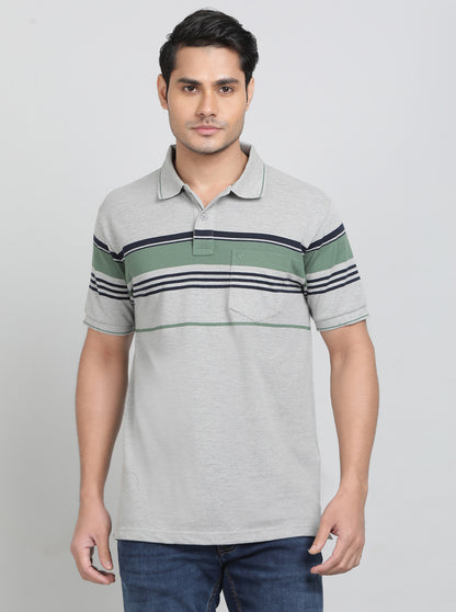 Grey Striped Regular Fit Polo T-Shirt | Greenfibre