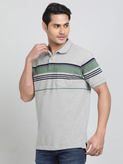 Grey Striped Regular Fit Polo T-Shirt | Greenfibre