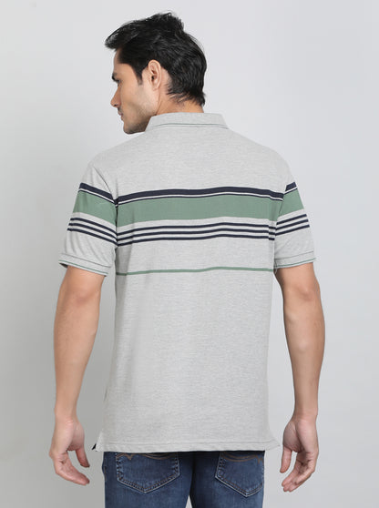 Grey Striped Regular Fit Polo T-Shirt | Greenfibre