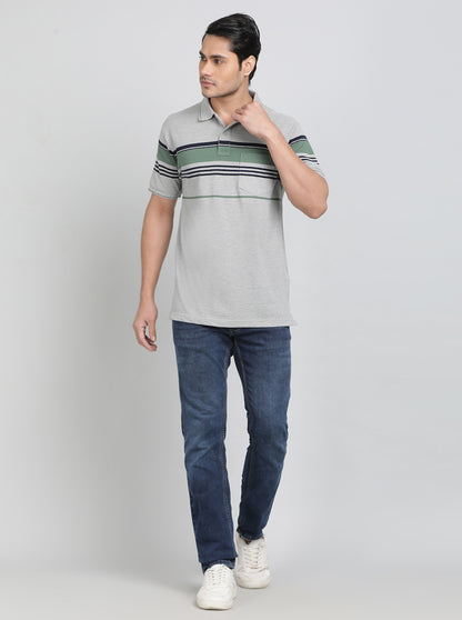 Grey Striped Regular Fit Polo T-Shirt | Greenfibre